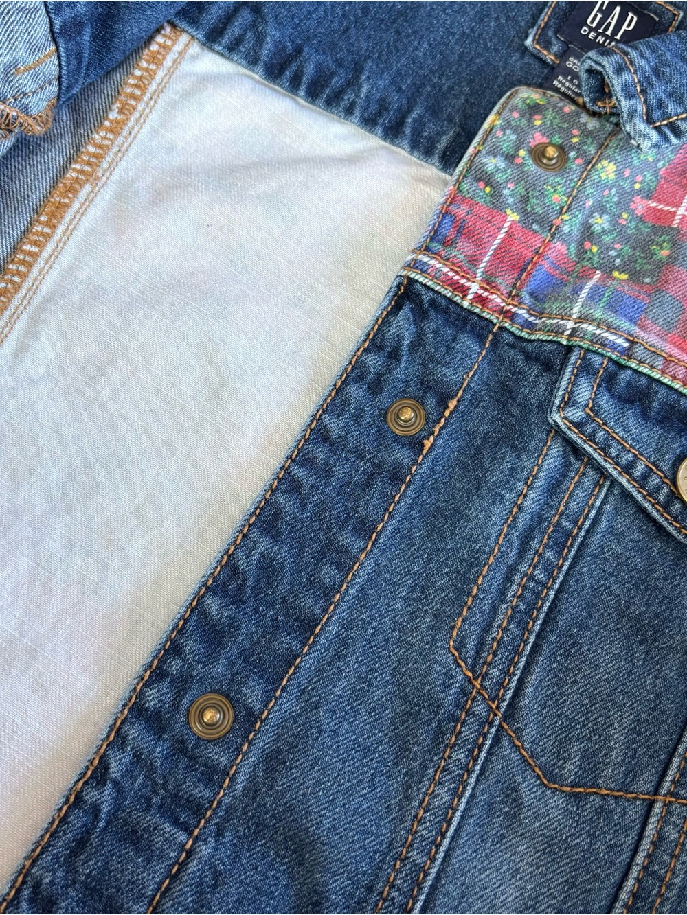 Gap Kids Girls Plaid Patchwork Denim Icon Jean Jacket Festive Holiday - Picture 4 of 10